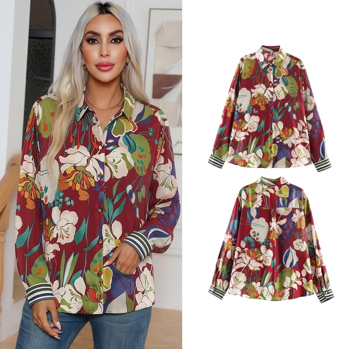 Women Floral Printed Satin Shirts Spring Casual Summer Female Turn-Down Collar Single-Breasted Long Sleeve Blouses Shirts