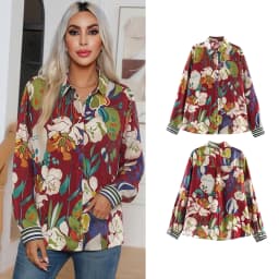 Women Floral Printed Satin Shirts Spring Casual Summer Female Turn-Down Collar Single-Breasted Long Sleeve Blouses Shirts