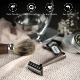 1set Professional Men's Double Edge Safety Razor, Faux Wood Texture Zinc Alloy Handle Razor with 5 Swiss Stainless Steel Blades