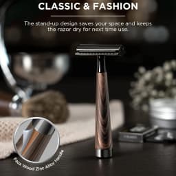 1set Professional Men's Double Edge Safety Razor, Faux Wood Texture Zinc Alloy Handle Razor with 5 Swiss Stainless Steel Blades