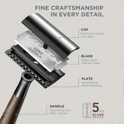 1set Professional Men's Double Edge Safety Razor, Faux Wood Texture Zinc Alloy Handle Razor with 5 Swiss Stainless Steel Blades