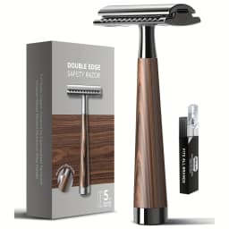 1set Professional Men's Double Edge Safety Razor, Faux Wood Texture Zinc Alloy Handle Razor with 5 Swiss Stainless Steel Blades