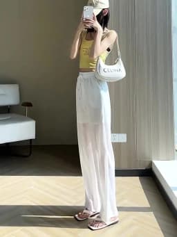 Summer 2026 New Women's Ice Silk Hollow Out Wide Leg Pants High Waist Breathable Sheer Casual Trousers Loose Fit