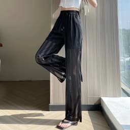 Summer 2026 New Women's Ice Silk Hollow Out Wide Leg Pants High Waist Breathable Sheer Casual Trousers Loose Fit