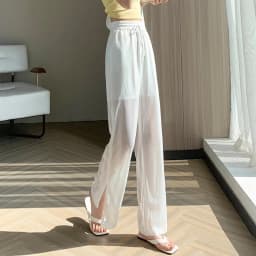 Summer 2026 New Women's Ice Silk Hollow Out Wide Leg Pants High Waist Breathable Sheer Casual Trousers Loose Fit