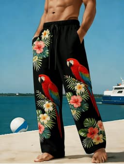 Men's Red Parrot & Flower & Palm Leaf Print Casual Pants, Spring Summer Beach Vacation Loose Straight Trousers, Drawstring Waist