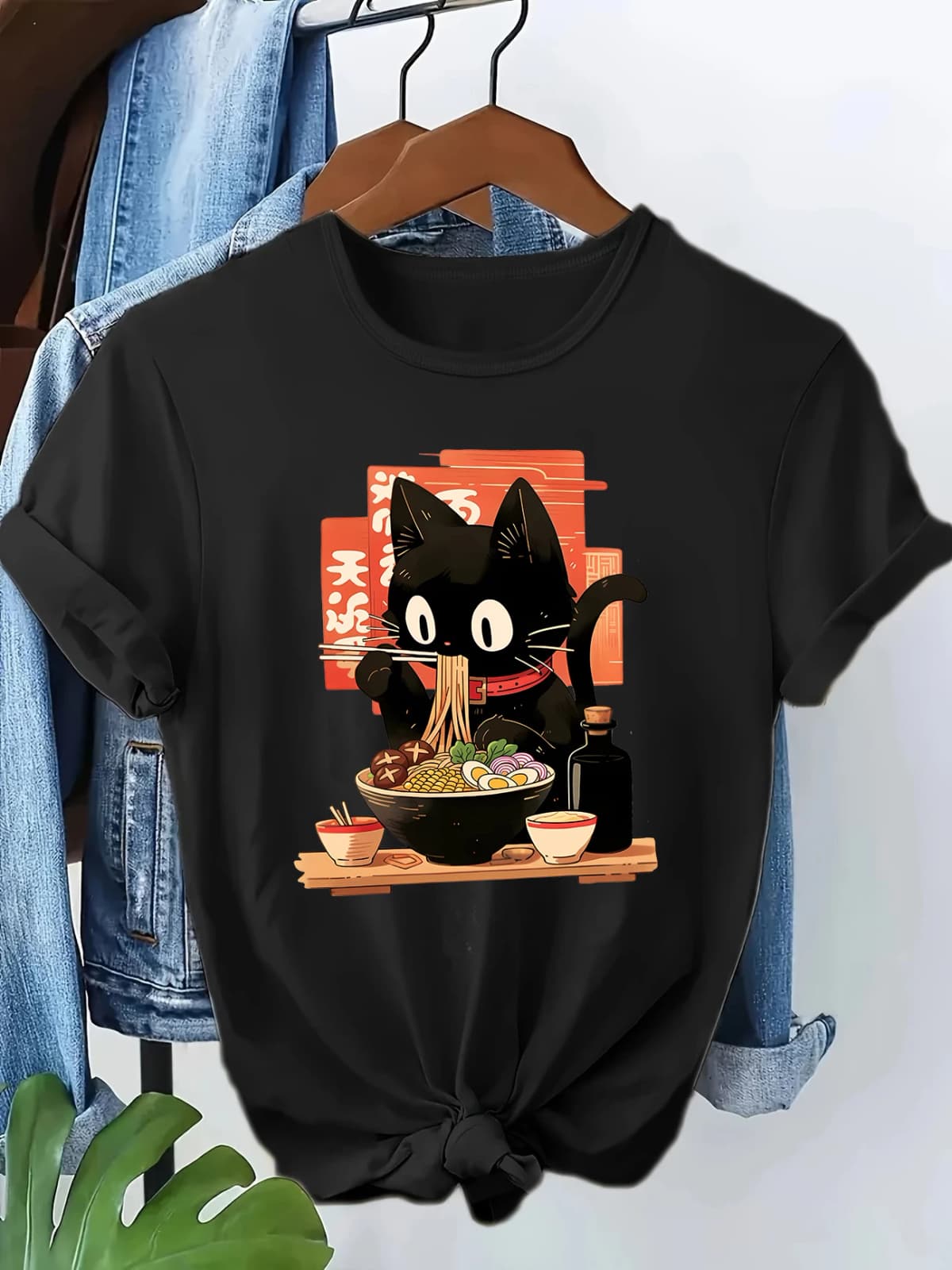 Japanese Ramen Cat Casual Funny Print T-shirt Vintage Women's Casual Graphic Short Sleeve T Shirt Clothing Top Tee