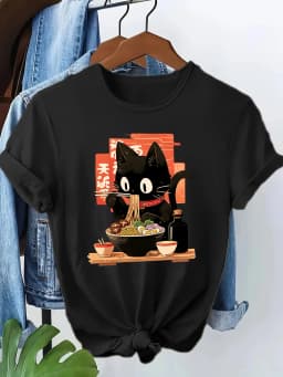 Japanese Ramen Cat Casual Funny Print T-shirt Vintage Women's Casual Graphic Short Sleeve T Shirt Clothing Top Tee