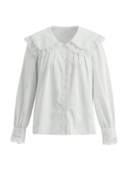 Women's Doll Collar Lace Trim Blouse, Loose Casual Long Sleeve Shirt, Sweet Ruffle Collar Top for Spring & Summer