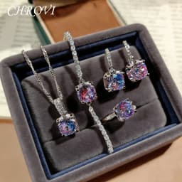 Classic 925 Sterling Silver Octagonal Rose Cut Pendant Necklace, Colorful Diamond Earrings, Pink Diamond Ring, Navy Blue Bracele