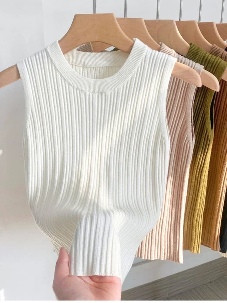 2026 Women Top Korea Knitted Vests O-neck Solid Tank Blusas Y2K Summer Fashion Female Sleeveless Casual Thin Tops