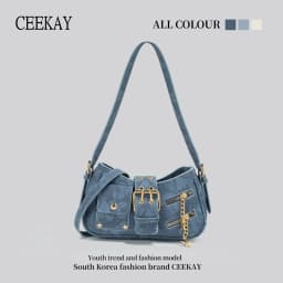 2026 New CEEKAY Denim Shoulder Bag, Y2K Style Hobo Bag with Belt Buckle Decor, Casual Underarm Bag for Women Trendy Denim Tote