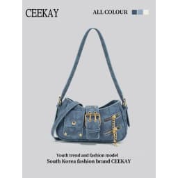 2026 New CEEKAY Denim Shoulder Bag, Y2K Style Hobo Bag with Belt Buckle Decor, Casual Underarm Bag for Women Trendy Denim Tote