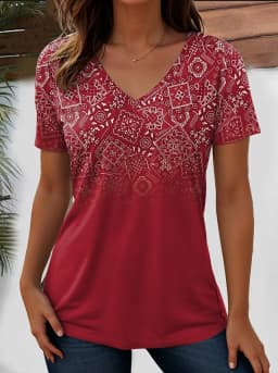 Elegant Ethnic Print Casual T Shirt V Neck Short Sleeve Tee For Women Summer Holiday Travel And Vacation Wear