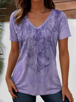 Elegant Ethnic Print Casual T Shirt V Neck Short Sleeve Tee For Women Summer Holiday Travel And Vacation Wear