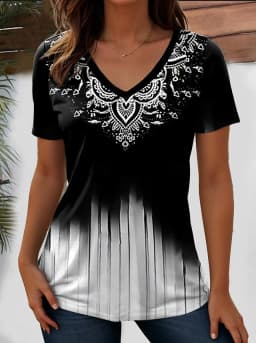Elegant Ethnic Print Casual T Shirt V Neck Short Sleeve Tee For Women Summer Holiday Travel And Vacation Wear