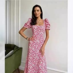 Casual Short Puff Sleeve Floral Print A-Line Dress 2026 Summer Korean Womens Midi Dress Elegant Flowy Dress Beach Y2k Clothing