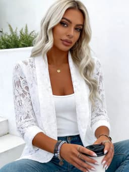 2026 New Women's Spring Suit Jacket, Lace Semi-permeable, Long-sleeved Suit Collar, Buckle-free Design, Office Women's Clothing