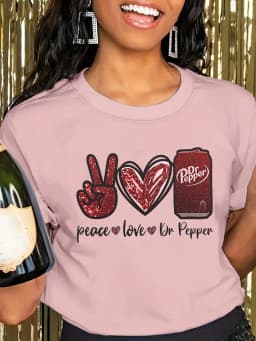 Women's Casual Round Neck T-Shirt with Peace Love Dr Pepper Print Short Sleeve Knit Regular Fit Graphic Tee for All Seasons