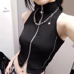 Spring and summer American street style retro lines dark spice girl short high-necked sleeveless slim zipper vest
