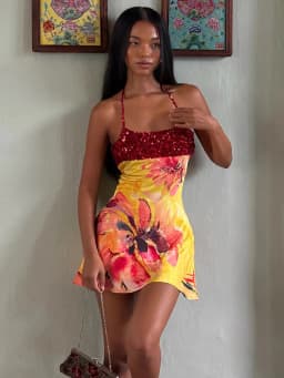Kliou Shiny Sequins Mini Dress Woman Summer Trend Flower Print Halter Low-Neck Backless Vacation Beach Party Elegant Bodycon