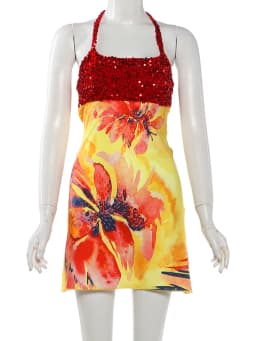 Kliou Shiny Sequins Mini Dress Woman Summer Trend Flower Print Halter Low-Neck Backless Vacation Beach Party Elegant Bodycon