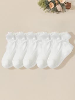 5 Pairs of Baby Girls' White Bubble-Edge Short Socks with Bowknot Decorations, Soft and Adorable Ankle Socks for Baby's Daily Wear