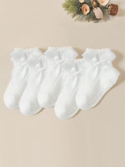 5 Pairs of Baby Girls' White Bubble-Edge Short Socks with Bowknot Decorations, Soft and Adorable Ankle Socks for Baby's Daily Wear
