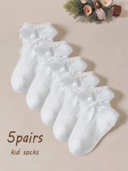 5 Pairs of Baby Girls' White Bubble-Edge Short Socks with Bowknot Decorations, Soft and Adorable Ankle Socks for Baby's Daily Wear