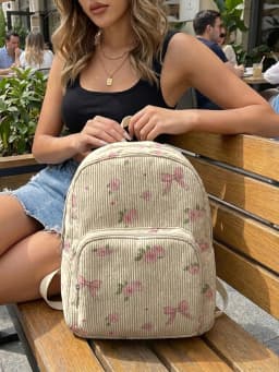 Pink Rose & Bow Print with Heart Dots Women Fashion Backpack Corduroy Multi-pocket Large Capacity Commuter Bag