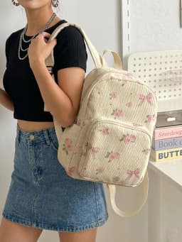 Pink Rose & Bow Print with Heart Dots Women Fashion Backpack Corduroy Multi-pocket Large Capacity Commuter Bag