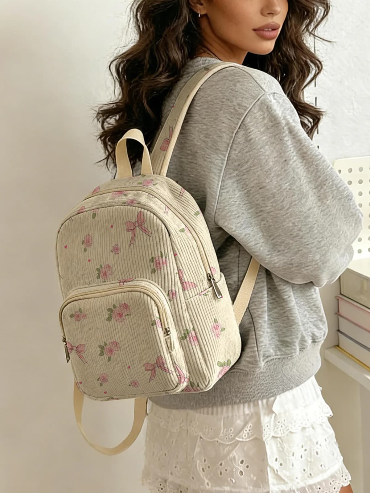 Pink Rose & Bow Print with Heart Dots Women Fashion Backpack Corduroy Multi-pocket Large Capacity Commuter Bag
