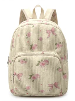 Pink Rose & Bow Print with Heart Dots Women Fashion Backpack Corduroy Multi-pocket Large Capacity Commuter Bag