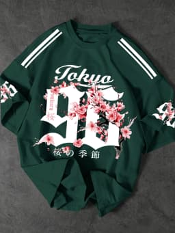 Men's Japanese Streetwear Sakura Print T-Shirt Tokyo Cherry Blossom Graphic Tee Oversized Short Sleeve Tops