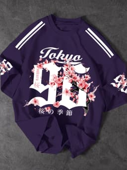 Men's Japanese Streetwear Sakura Print T-Shirt Tokyo Cherry Blossom Graphic Tee Oversized Short Sleeve Tops