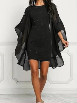 2026 casual and comfortable women's round neck long sleeved hollow out dress short skirt - sequin slim fit design