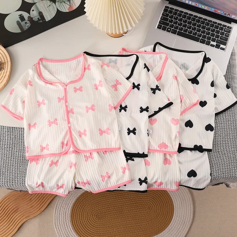 2PCS Girls Pajamas Sets Short Sleeve Shorts Summer Sweet Loungwear For Kids