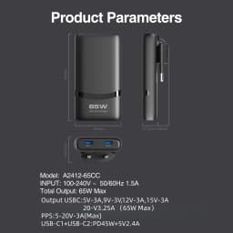 65W GaN USB C Charger 2-port Flat USB C Wall Charger With USB C Fast Charging Ultra-thin Foldable Plug Suitable For Mobile Phone
