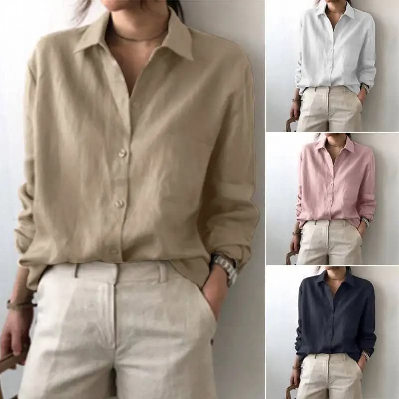 Women's Linen Button Down Shirt Loose Fit Long Sleeve Casual Solid Color Oversized Blouse Summer Beach Office Tops