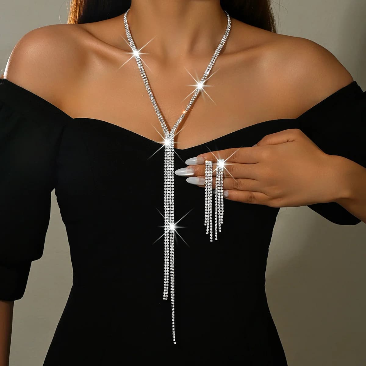 Multi-layer rhinestone fringed necklace and earrings set - fashionable zircon long-sleeved sweater chain for women. Wife's Gift