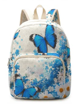 Blue Morpho Butterfly & Floral Print Women Fashion Backpack Corduroy Multi-pocket Large Capacity Commuter Bag