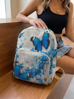 Blue Morpho Butterfly & Floral Print Women Fashion Backpack Corduroy Multi-pocket Large Capacity Commuter Bag