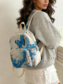 Blue Morpho Butterfly & Floral Print Women Fashion Backpack Corduroy Multi-pocket Large Capacity Commuter Bag