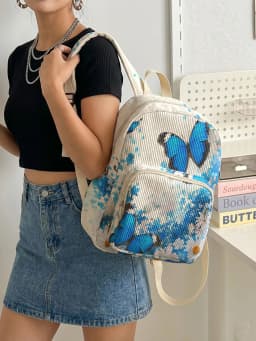 Blue Morpho Butterfly & Floral Print Women Fashion Backpack Corduroy Multi-pocket Large Capacity Commuter Bag