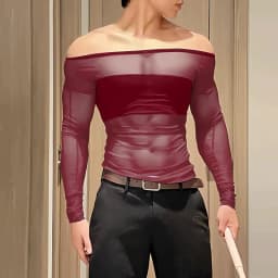 Men's Sheer Mesh Off Shoulder T Shirt See Through Long Sleeve Slim Fit Muscle Tees Nightclub Party Wear Sexy Clubwear Tops S-2XL
