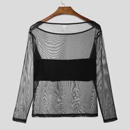 Men's Sheer Mesh Off Shoulder T Shirt See Through Long Sleeve Slim Fit Muscle Tees Nightclub Party Wear Sexy Clubwear Tops S-2XL