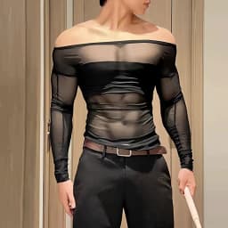Men's Sheer Mesh Off Shoulder T Shirt See Through Long Sleeve Slim Fit Muscle Tees Nightclub Party Wear Sexy Clubwear Tops S-2XL