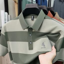 Summer High-end Brand Horse Logo Embroidered Short Sleeved T-shirt Men's Lapel Polo Shirt Striped Skin Friendly Cotton Top