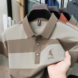 Summer High-end Brand Horse Logo Embroidered Short Sleeved T-shirt Men's Lapel Polo Shirt Striped Skin Friendly Cotton Top