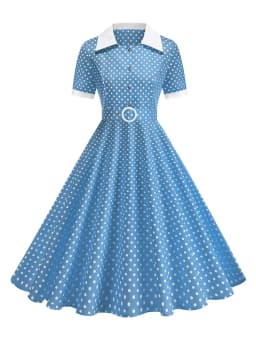 Vintage Women's Summer Dress Polka Dot Peter Pan Collar Sweet Short Sleeve A-Line for Diner & Party